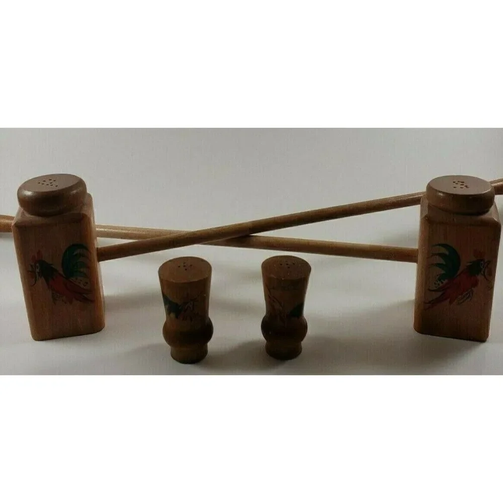 Vintage Mid Century Two Sets Wooden Salt & Pepper Shakers Rooster Chicken 1950s